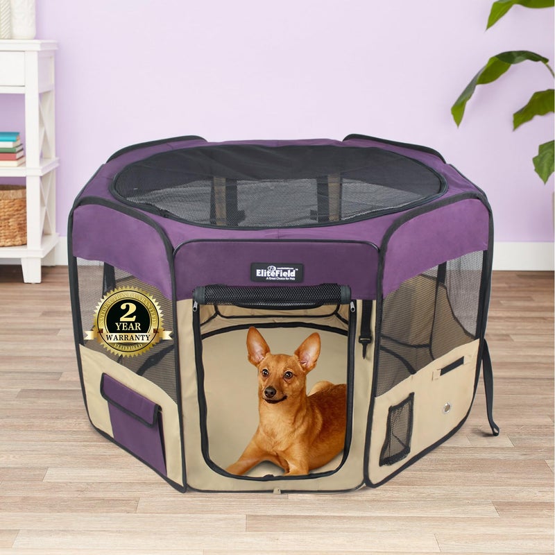 EliteField 2-Door Soft Pet Playpen (2 Year Warranty), Exercise Pen, Multiple Sizes and Colors Available for Dogs, Cats and Other Pets (36" x 36" x 24"H, Purple+Beige) - Image 2